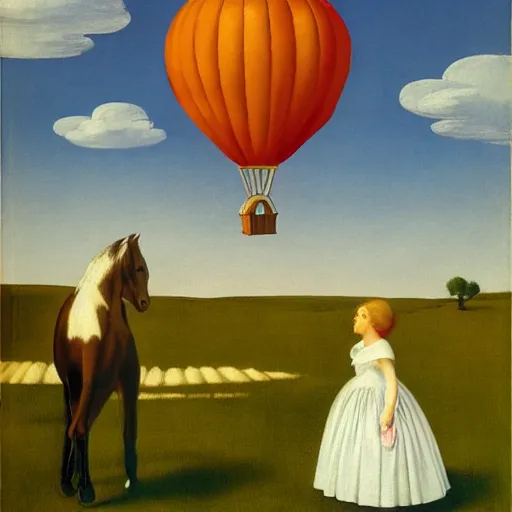 Image similar to a girl and her horse enjoy a hot-air balloon show by Raphael, Hopper, and Rene Magritte. detailed, romantic, enchanting, trending on artstation.