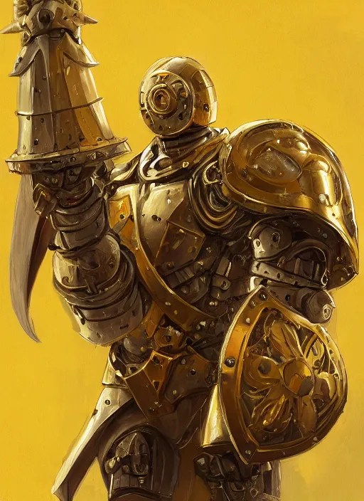 Image similar to dynamic portrait of a intricate mechanical warforged character in yellow armor holding a paladin engraved longsword and carrying a big shield, epic , trending on ArtStation, cinematic lighting, by Jesper Ejsing