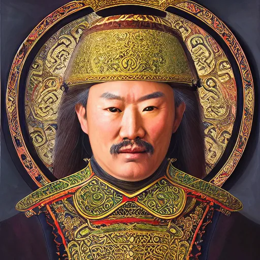 Image similar to a stunning and noble highly detailed romantic period style portrait of Genghis Khan by Josep Tapiró Baró, trending on artstation, oil painting masterpiece, symmetry, fractals, Mongolian iconography