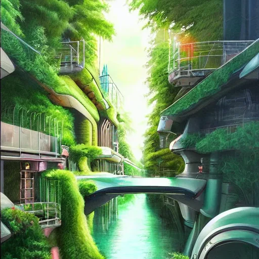 Image similar to Narrow cosy waterway in beautiful green futuristic sci-fi city in harmony with nature. Nice colour scheme, soft warm colour. Beautiful detailed painting by Lurid. (2022)