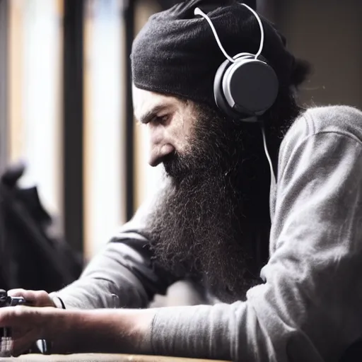 Prompt: Homeless man playing video games in an asylum, wearing black headphones, long black hair, long black beard