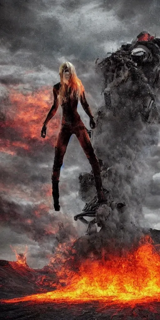 Prompt: volcano eruption post apocalyptic scene with a long - haired blonde cyber girl standing alone futuristic mad max bladerunner stormy weather