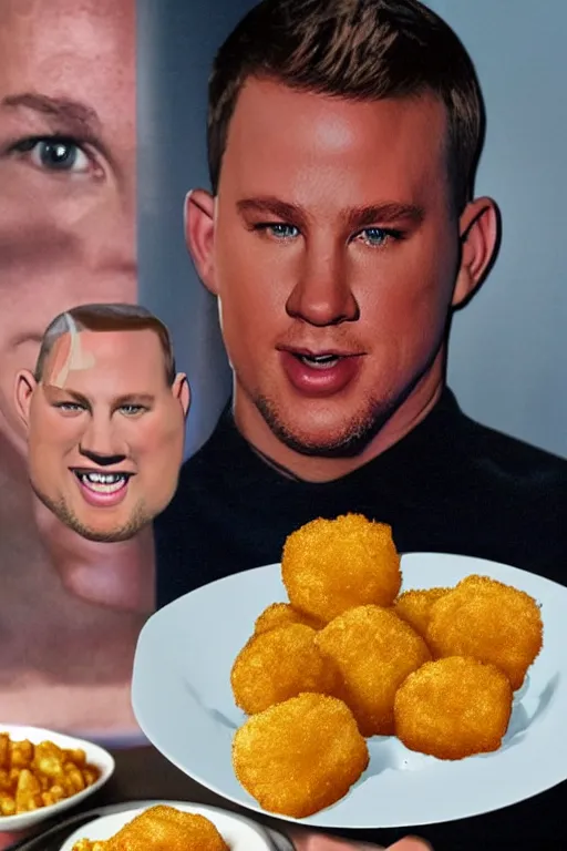 Image similar to a big tater tot on a plate with channing tatum face, channing tatum made out of tater tot, photo