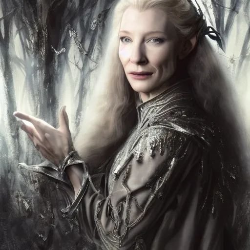 Prompt: portrait of mischievous, dangerous Cate Blanchett's young Galadriel as a queen of elves, dressed in a refined silvery garment. The background is a inky, chilling eastern europen forrest. night, horroristic shadows, higher contrasts, (((lumnious))), theatrical, character concept art by ruan jia, thomas kinkade, and J.Dickenson, trending on Artstation