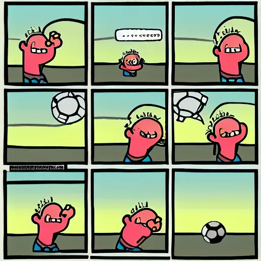 Image similar to a cartoon in 4 panels of a man eating a soccer ball for dinner, in the style of dilbert,