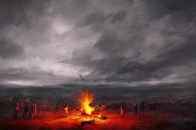 Prompt: the most amazing dream you ever had about bonfire party under rain, nature with eerie dark cloud,, hyper realistic, ambient lighting, concept art, intricate, hyper detailed, smooth, dynamic volumetric lighting, octane, cinematic