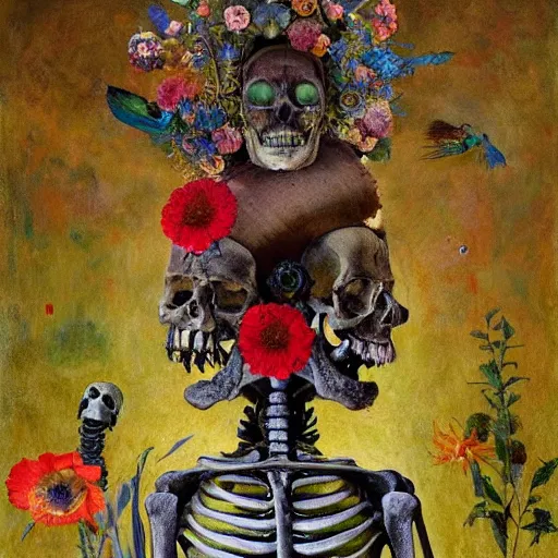 Image similar to 'Life from death' A beautiful detailed aesthetic horror full body painting depicting 'A skeleton with plants and flowers growing all over it, birds and bees flying all around it' by Odilon Redon and giuseppe arcimboldo, Trending on cgsociety artstation, 8k, masterpiece, cinematic lighting.