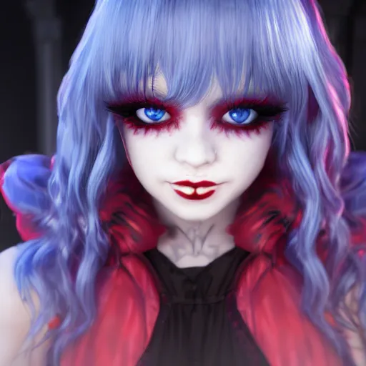 Image similar to Render of a beautiful 3d remilia scarlet, blue hair, red eyes, full round face, soft smile, gothic clothing, spooky setting, medium shot, mid-shot, hyperdetailed, trending on Artstation, Unreal Engine 4k