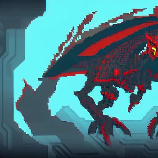 Image similar to a pixel art of a futuristic cyborg dragon, 4 k, ultra detailed