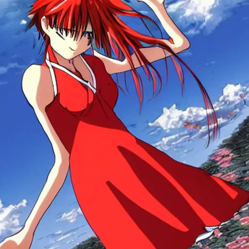 Image similar to asuka from evangelion wearing a sundress and holding viewer's hand