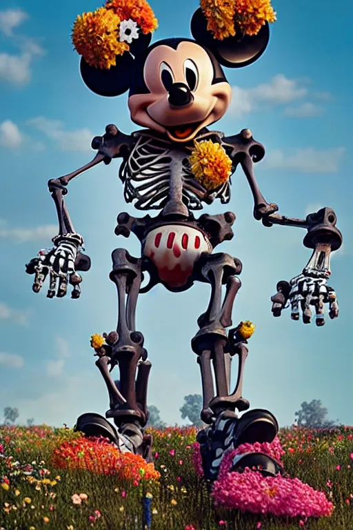 Prompt: a skeletal, mickey mouse made out of flowers and bones, taking a giant robot for a walk by beeple, nychos and arcimboldo, highly detailed, rendered in octane