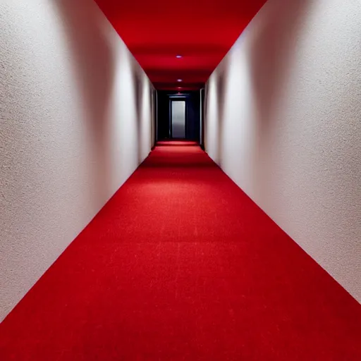 Image similar to minimalist hallway full of red hazmats, unknown location, clean, stucco walls, shiny floors, cinematic