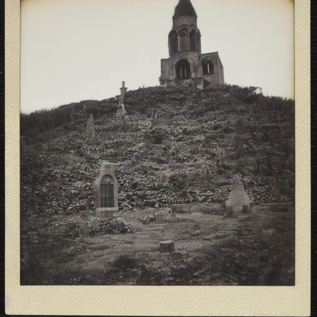 Prompt: graveyard with a monastery, polaroid