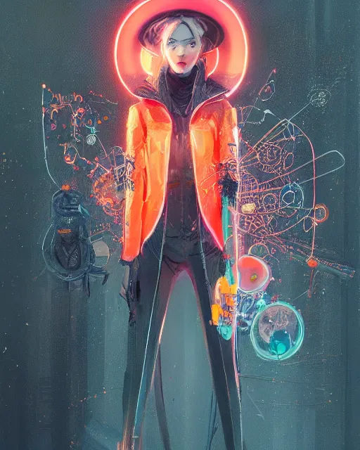 Prompt: detailed full body portrait of a gorgeous witch, cyberpunk futuristic neon, orange reflective puffy coat, decorated with traditional Japanese ornaments by Ismail inceoglu dragan bibin hans thoma greg rutkowski Alexandros Pyromallis Nekro Rene Maritte Illustrated, Perfect face, fine details, realistic shaded, fine-face, pretty face