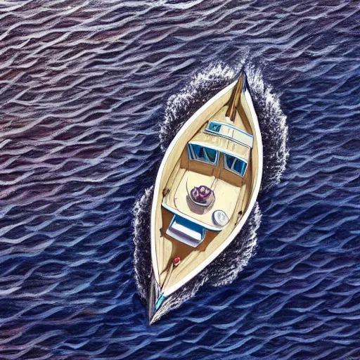 Image similar to top down view of a small boat in the middle of the ocean, with a giant sea monster swimming up underneath the boat, digital painting,