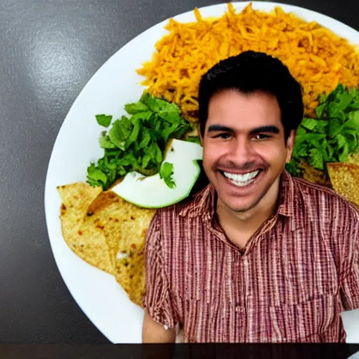 Image similar to a giant plate of indiscriminate mexican food with a smiling man behind it