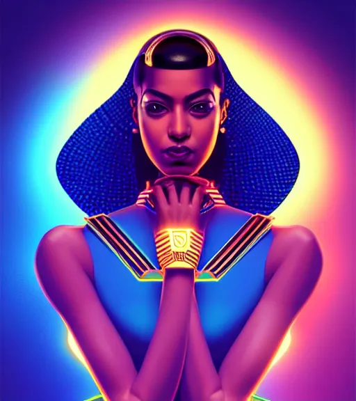 Image similar to symmetry!! egyptian princess of technology, solid cube of light, hard edges, product render retro - futuristic poster scifi, lasers and neon circuits, brown skin gorgeous egyptian princess, intricate, elegant, highly detailed, digital painting, artstation, concept art, smooth, sharp focus, illustration, dreamlike, art by artgerm