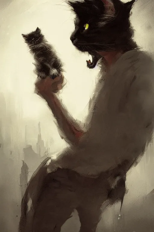 Image similar to of a gangster guy with the head of a british longhair cat in the night club, by greg rutkowski