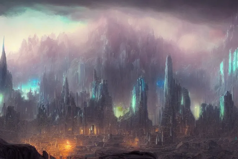 Prompt: detailed landscape painting of a misty antic city on an alien world at dusk, giant columns and crystals, runes, aurora in the sky, scifi, cinematic lights, vivid lighting. clouds and stars. fantasy. by tuomas korpi and greg rutkowski and jonas de ro. intricate artwork, dramatic, artstation, 8 k