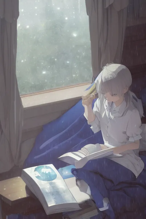 Image similar to a teenage girl with white short hair in a jk uniform outfit in the bedroom reading a book in a night, raining outside the window, grey and blue theme, by krenz cushart and mucha and akihito yoshida and greg rutkowski and makoto shinkai, detailed eyes, 4 k resolution