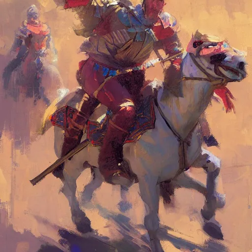 Image similar to portrait of colorful rider holding jousting lance, caparisons, chainmail, by greg manchess, bernie fuchs, ruan jia, walter everett