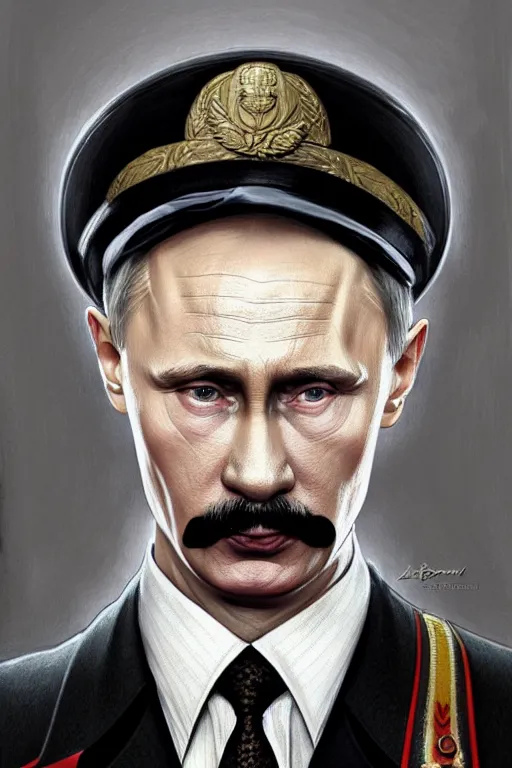 Image similar to vladimir putin as hitler, realistic portrait, symmetrical, highly detailed, digital painting, artstation, concept art, smooth, sharp focus, illustration, cinematic lighting, art by artgerm and greg rutkowski and alphonse mucha