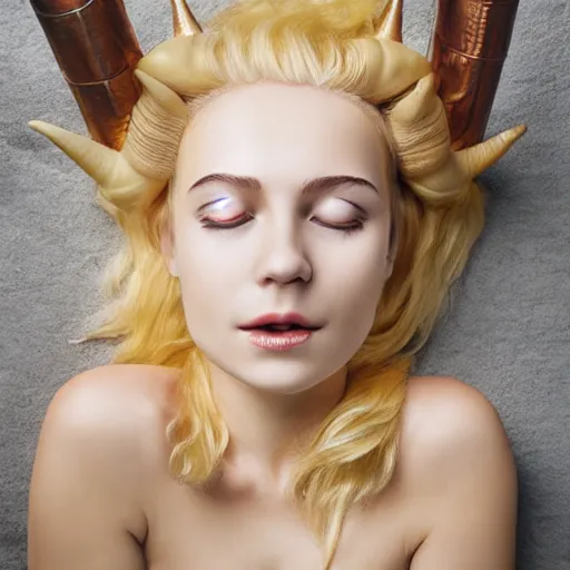 Image similar to sleeping short blonde half - dragon girl with two dragon horns, the head is tightly wrapped in plastic wrap with a market label on it. high detail, realistic, symmetrical face