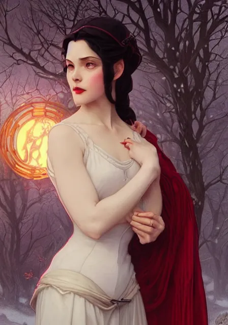 Image similar to snow white and evil queen, intricate, elegant, highly detailed, digital painting, artstation, concept art, smooth, sharp focus, illustration, art by artgerm and greg rutkowski and alphonse mucha and william - adolphe bouguereau