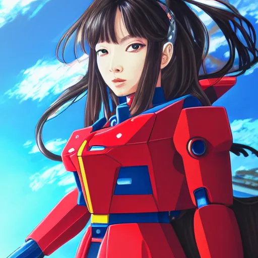 Image similar to Portrait of Aya Nakamura with her red gundam in the background, hyper detailed art, 4k