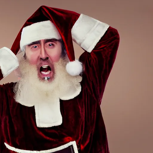 Image similar to nic cage screaming while covered from head to toe in fancy santas, award winning portrait