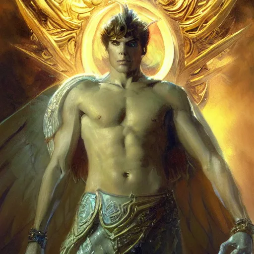 Image similar to attractive male deity casts light spell, summons attractive male lucifer morningstar. highly detailed painting by gaston bussiere, craig mullins, j. c. leyendecker 8 k