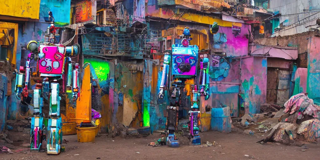 Image similar to colourful giant mecha ROBOT of AJEGUNLE SLUMS of Lagos, markings on robot, slums are neon lit, Night time,