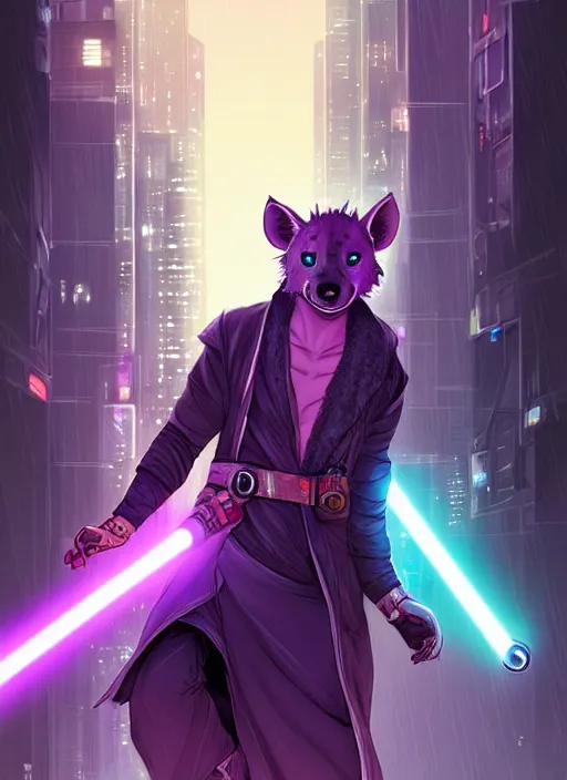 Prompt: beautiful portrait commission of a male furry anthro hyena fursona jedi wielding a purple lightsaber in a cyberpunk city at night in the rain. character design by charlie bowater, ross tran, artgerm, and makoto shinkai, detailed, inked, western comic book art
