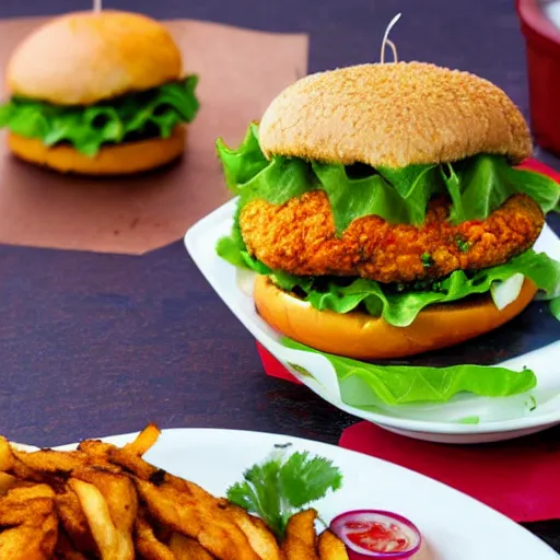 Prompt: a spicy crispy chicken burger, food photography, detailed, yum