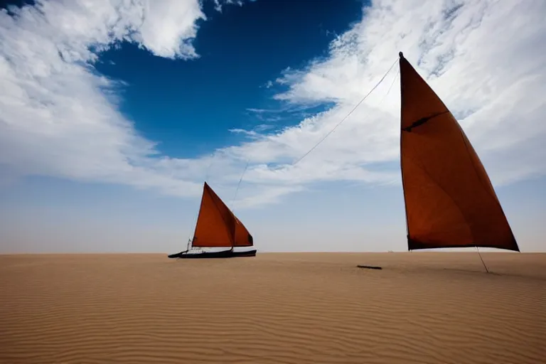 Image similar to photograph of a boat with two sails sailing in a desert, wide shot, atmospheric