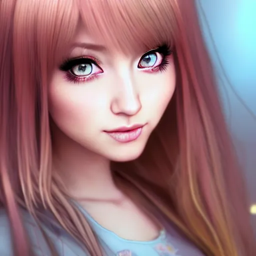 Image similar to beautiful intricate photograph of nikki from shining nikki dress - up game, a cute young woman, light pink hair, long hair with full bangs, full heart - shaped face, amber eye color, pale skin, light blush, chinese heritage,, smiling softly, golden hour, soft focus, 8 k, hyperrealism, hyperdetailed