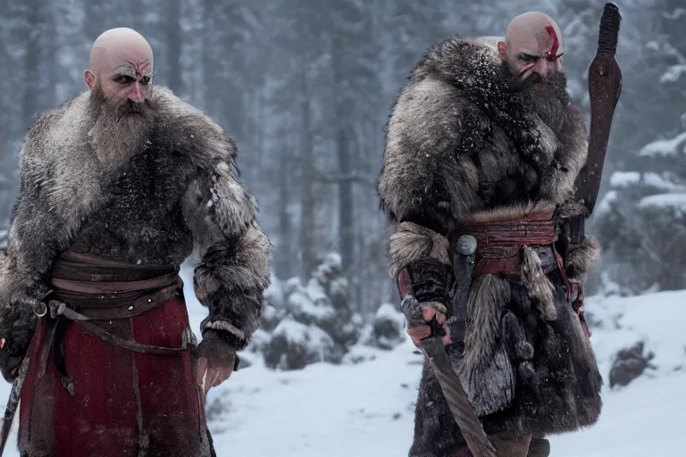 Image similar to vfx movie tough bald man in furs, natural grizzled skin, streaks of red face paint grey beard, dual wielding detailed viking war axes, in snowy tahoe, god of war by emmanuel lubezki