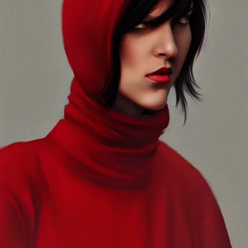 Image similar to girl in dark red turtleneck, black coat, elegant, 2d, ultra highly detailed, digital painting, smooth, sharp focus, artstation, portrait art by Ilya Kuvshinov