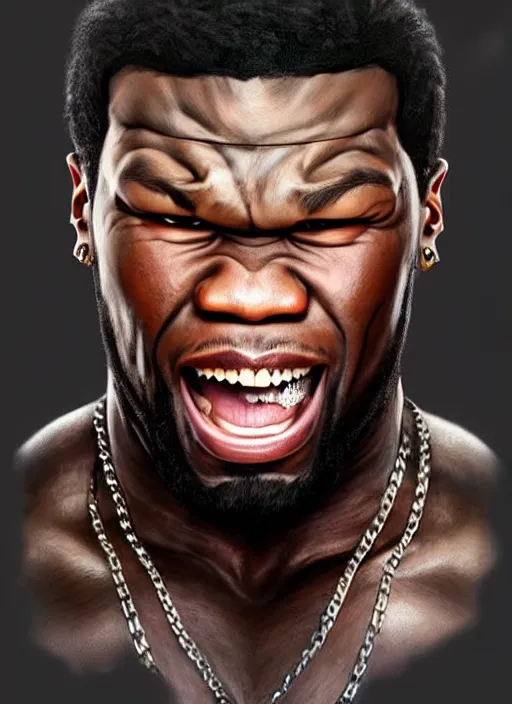 Prompt: Portrait of 50 cent ((screaming)), D&D, muscular, fantasy, intricate, elegant, highly detailed, digital painting, artstation, concept art, smooth, sharp focus, illustration, art by artgerm and greg rutkowski and alphonse mucha