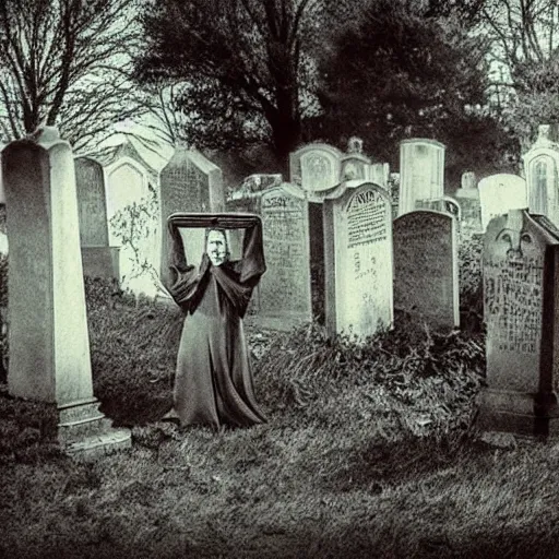 Prompt: A selfie of a woman, with a spooky filter applied, in a dark and eerie graveyard, with headstones and crypts visible in the background, in a Halloween style.