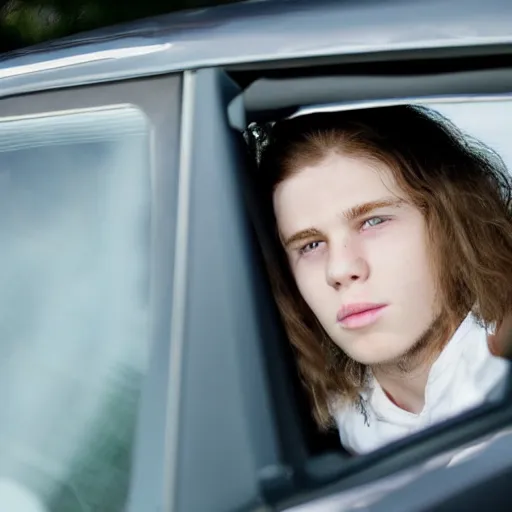 Image similar to a picture of a white boy with long hair inside of a car