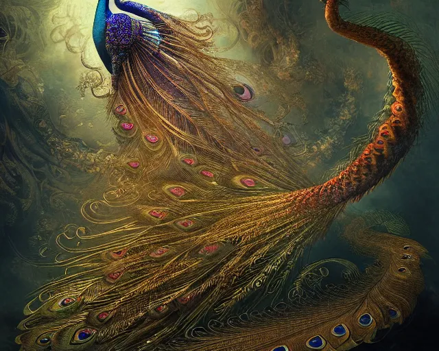 Prompt: dragon peacock. intricate, centered, amazing composition by amano yoshitaka, by rembrandt, illustrious makinami, digital art, digital painting, artstation trending, unreal engine, beautiful light and shadows, matte, fractal flame, transparent jellyfish, transparent feathers, bio luminescent, ice, water