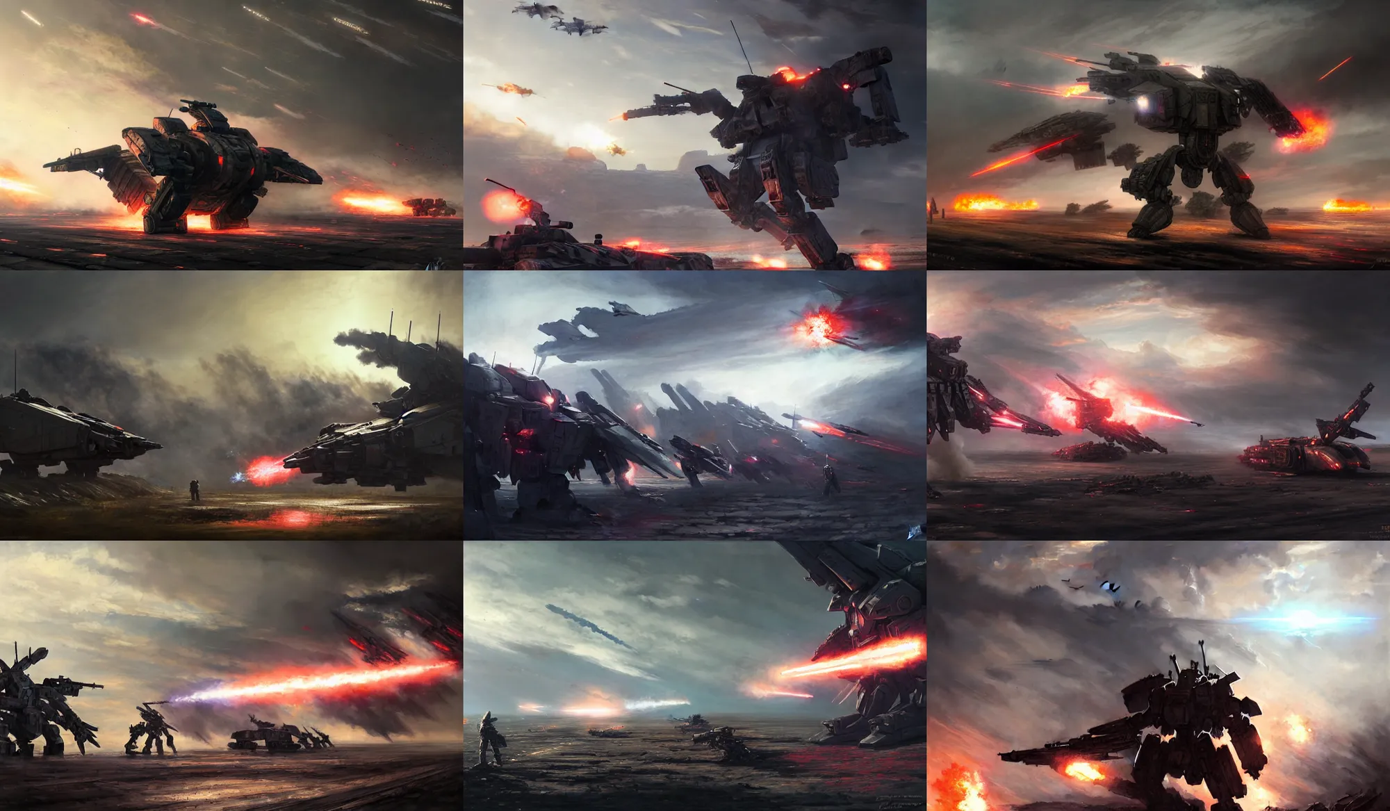 Image similar to an armored core on the ground, booster flares, legs, crossfire, karst landscape, clouds, daylight ; detailed illustrations, pastel tones, deep colors, clear lines, motion blur, by jordan grimme, greg rutkowski