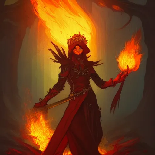 Image similar to a pyromancer is playing with fire , medium level shot , epic scene, Mucha style , Grim fantasy, illustration ,concept art,