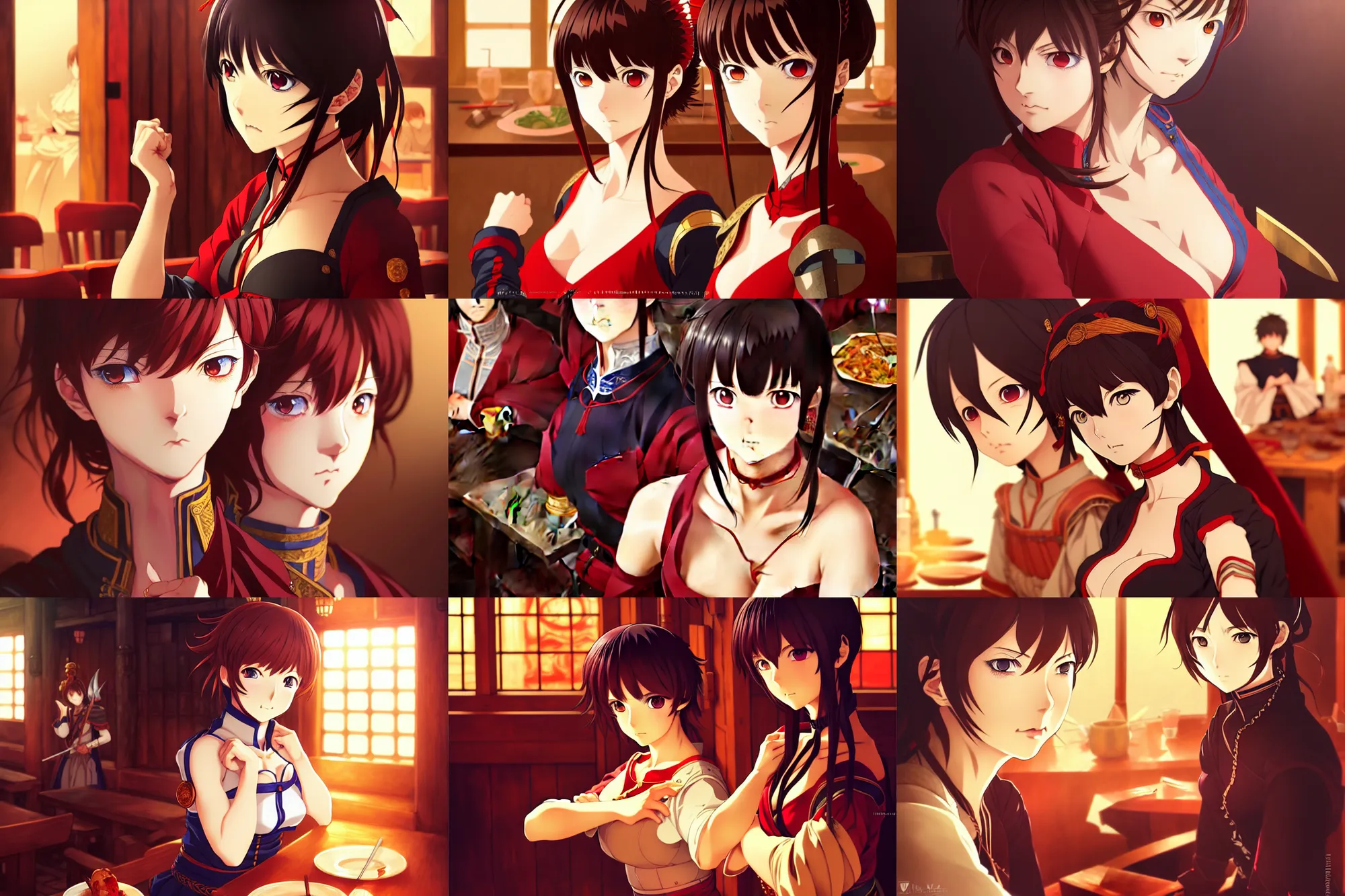 Prompt: anime visual portrait of a female warrior in a busy medieval tavern interior, beautiful face by ilya kuvshinov, yoh yoshinari, dynamic pose, dynamic perspective, flat, mucha, rounded eyes, moody, psycho pass, kyoani, paprika, anime proportions, masakazu katsura