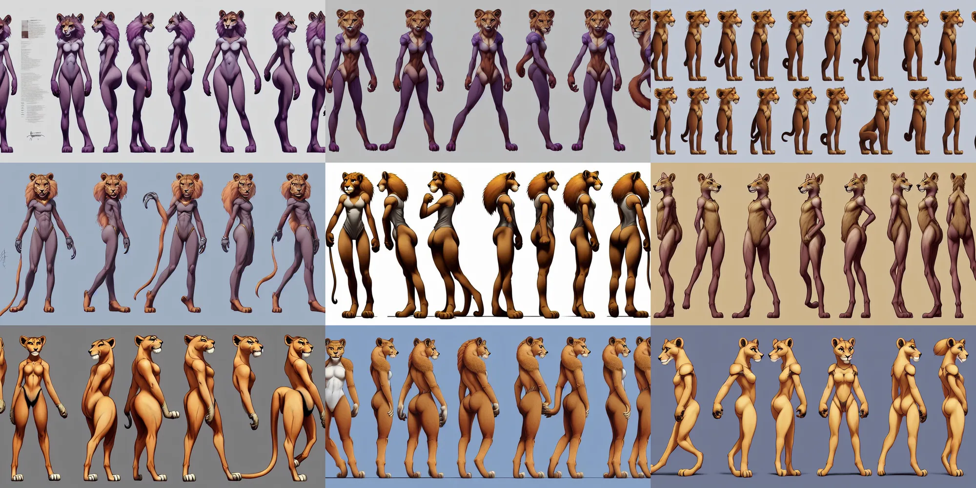 Prompt: beautiful full body portrait of a strong female anthropomorphic lioness fursona queen character reference sheet with front back and side profiles. character design by disney, anime, manga, charlie bowater, ross tran, artgerm, and makoto shinkai, detailed, soft lighting, rendered in octane
