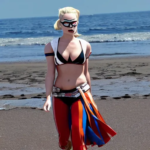 Image similar to margot robbie harley quinn at the beach 4 k detailed super realistic