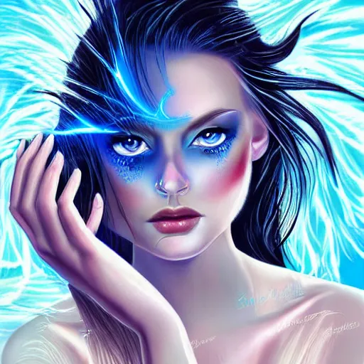 Prompt: magical brunette scottish woman with pale skin and deep blue eyes, digital art, glowing complexion