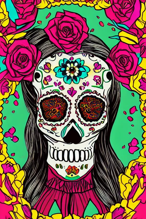 Prompt: illustration of a sugar skull day of the dead girl, art by denis villeneuve