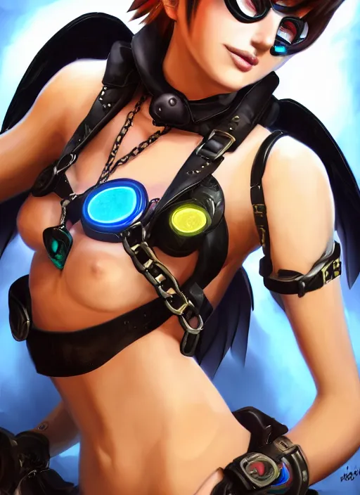 Image similar to portrait bust digital artwork of tracer overwatch, wearing black iridescent rainbow latex tank top, 4 k, expressive happy smug expression, makeup, in style of mark arian, angel wings, wearing detailed black leather collar, chains, black leather harness, detailed face and eyes,